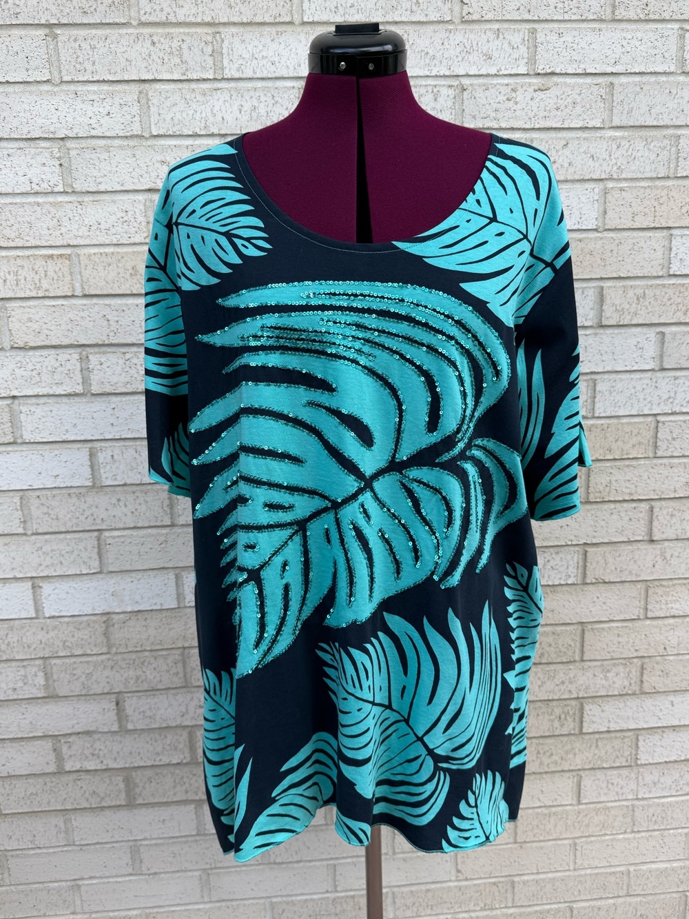 Serengeti Teal Green Leaf Sequin Top Vintage 90s Tunic Cotton Size 2X